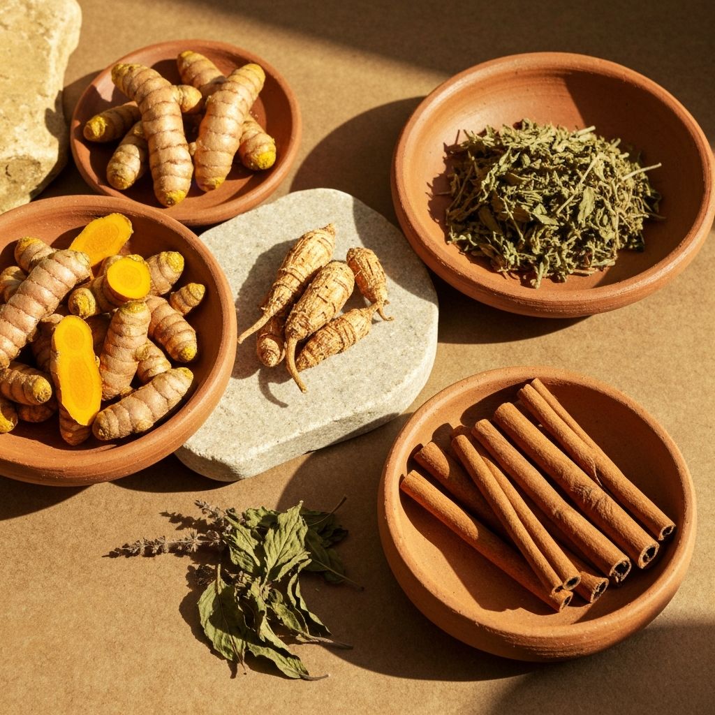Ayurvedische Kräuter: Kurkuma, Zimt, Ashwagandha, Basilikum