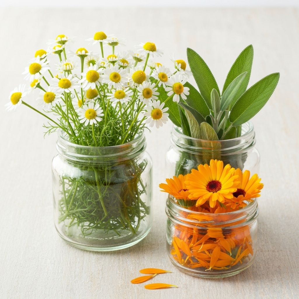 Europäische Kräuter: Kamille, Salbei, Ringelblume